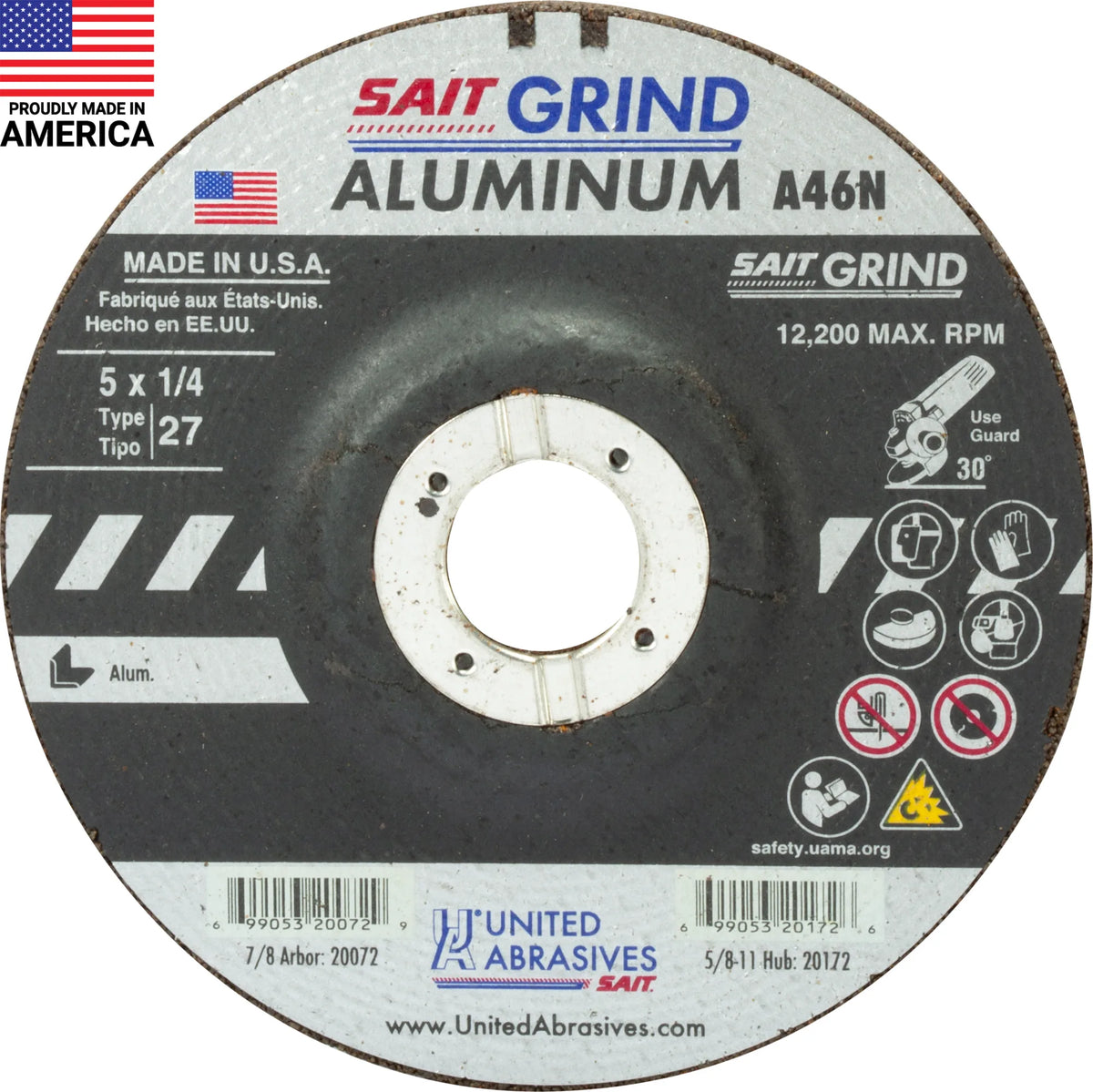 United Abrasives-SAIT 20072 A46N Aluminum Grinding Wheel (Type 27/Depressed Center) 5" x  1/4" x 7/8", 25-Pack