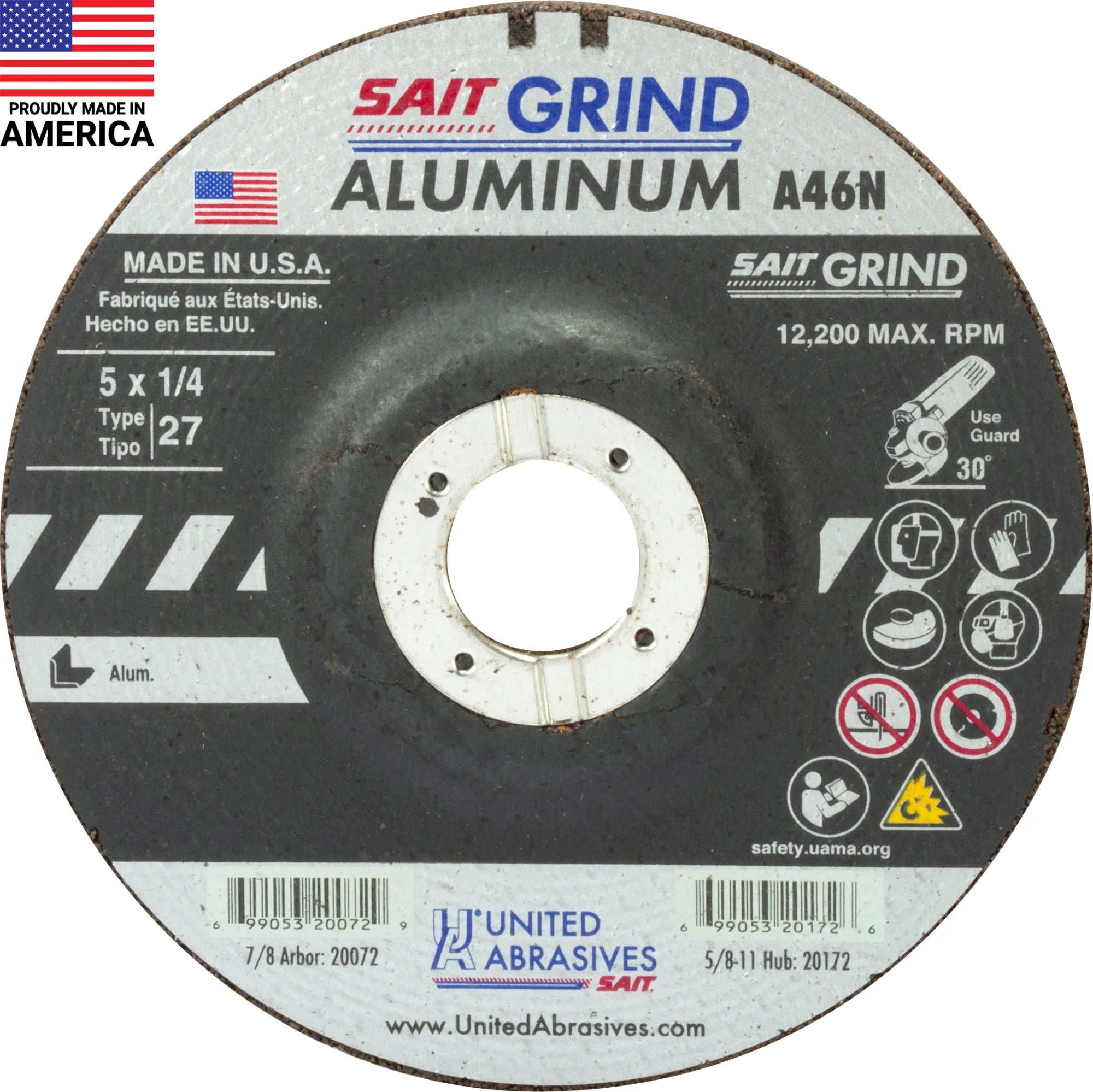 United Abrasives-SAIT 20072 A46N Aluminum Grinding Wheel (Type 27/Depressed Center) 5" x  1/4" x 7/8", 25-Pack