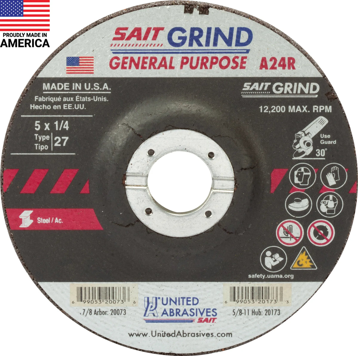United Abrasives-SAIT 20073 A24R General Purpose/Long Life Grinding Wheel (Type 27/Depressed Center])  5" x  1/4" x 7/8",25-Pack