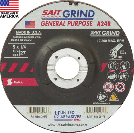 United Abrasives-SAIT 20073 A24R General Purpose/Long Life Grinding Wheel (Type 27/Depressed Center])  5" x  1/4" x 7/8",25-Pack