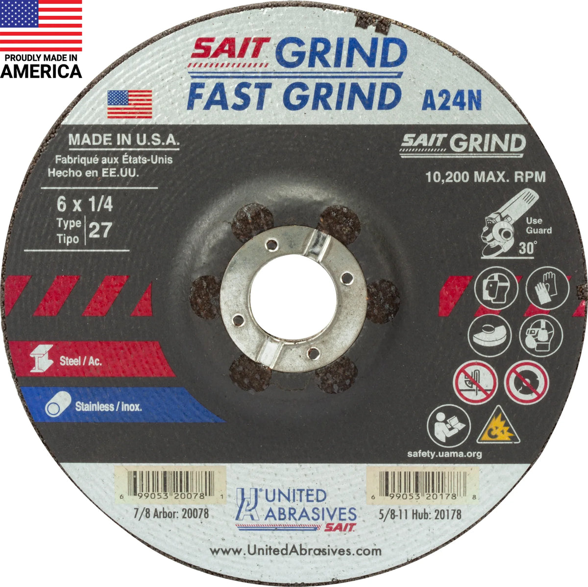 United Abrasives-SAIT 20078 A24N Fast Grinding Wheel 6" x 1/4" x 7/8"  (Type 27/Depressed Center), 25-Pack
