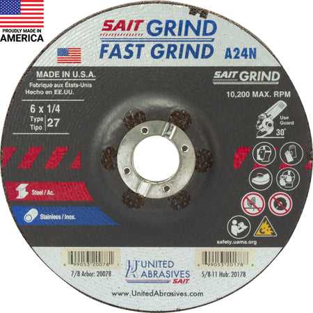 United Abrasives-SAIT 20078 A24N Fast Grinding Wheel 6" x 1/4" x 7/8"  (Type 27/Depressed Center), 25-Pack