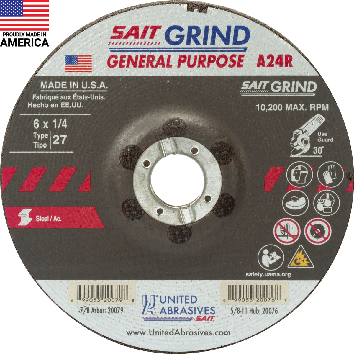 United Abrasives-SAIT20079 A24R General Purpose/Long Life Grinding Wheel (Type 27/Depressed Center)  6" x  1/4" x 7/8", 25-Pack