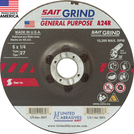 United Abrasives-SAIT20079 A24R General Purpose/Long Life Grinding Wheel (Type 27/Depressed Center)  6" x  1/4" x 7/8", 25-Pack