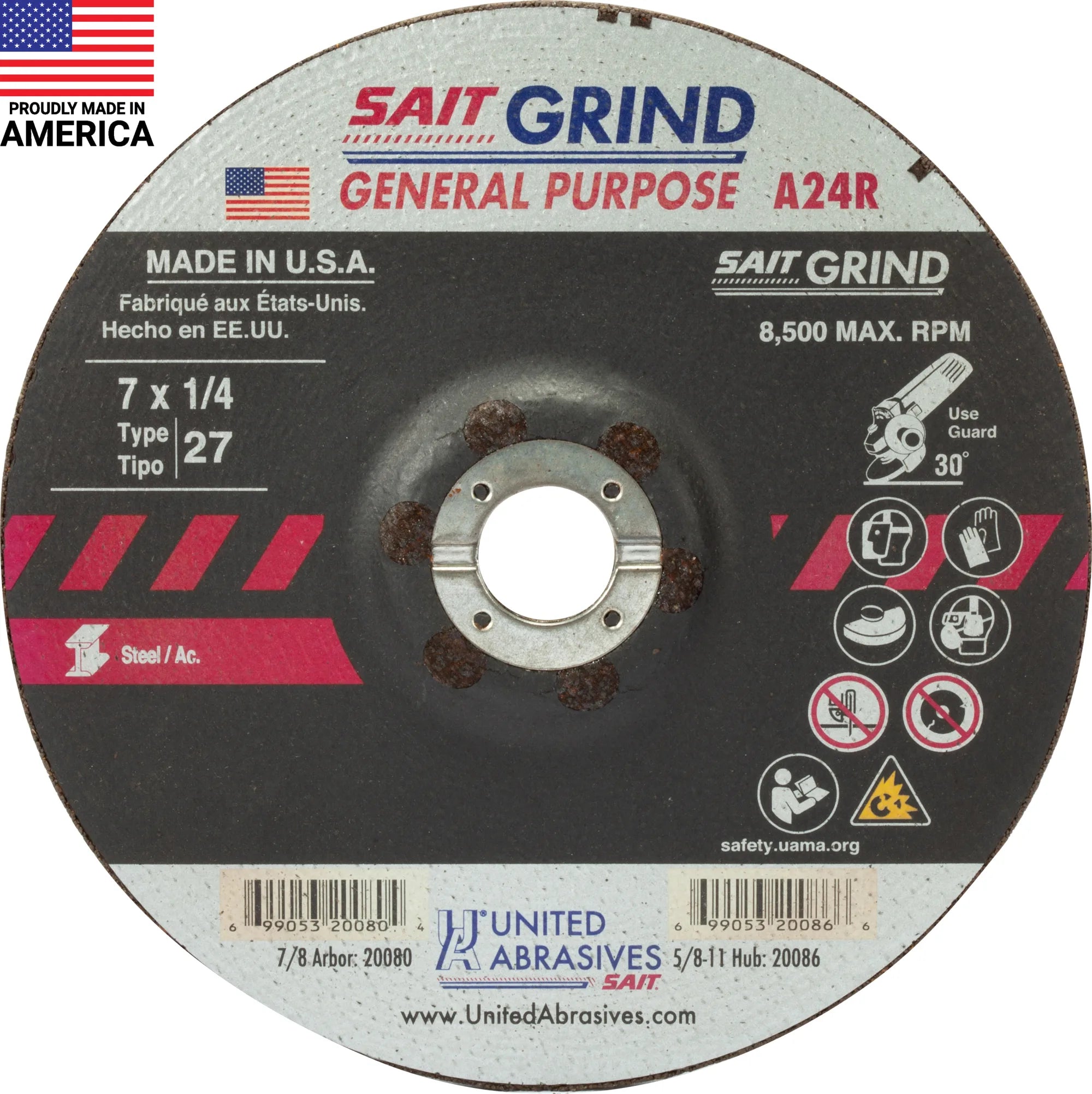 United Abrasives-SAIT 20080 A24R General Purpose/Long Life Grinding Wheel (Type 27/Depressed Center)  7" x  1/4" x 7/8",25-Pack