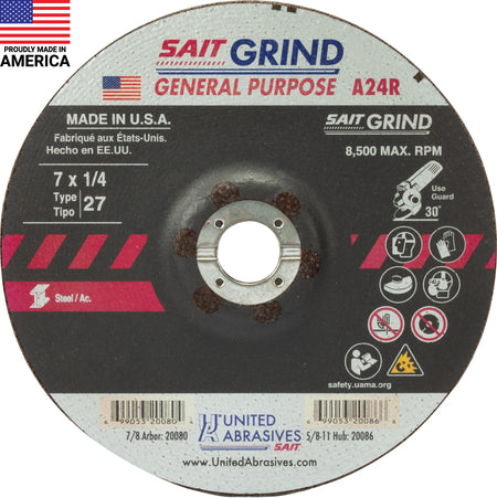 United Abrasives-SAIT 20080 A24R General Purpose/Long Life Grinding Wheel (Type 27/Depressed Center)  7" x  1/4" x 7/8",25-Pack