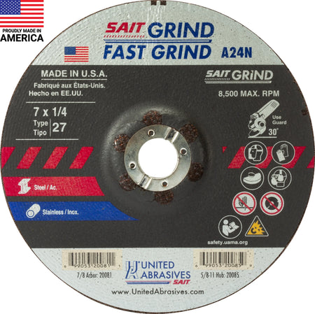 United Abrasives-SAIT 20081 A24N Fast Grinding Wheel 7" x 1/4" x 7/8"  (Type 27/Depressed Center), 25-Pack