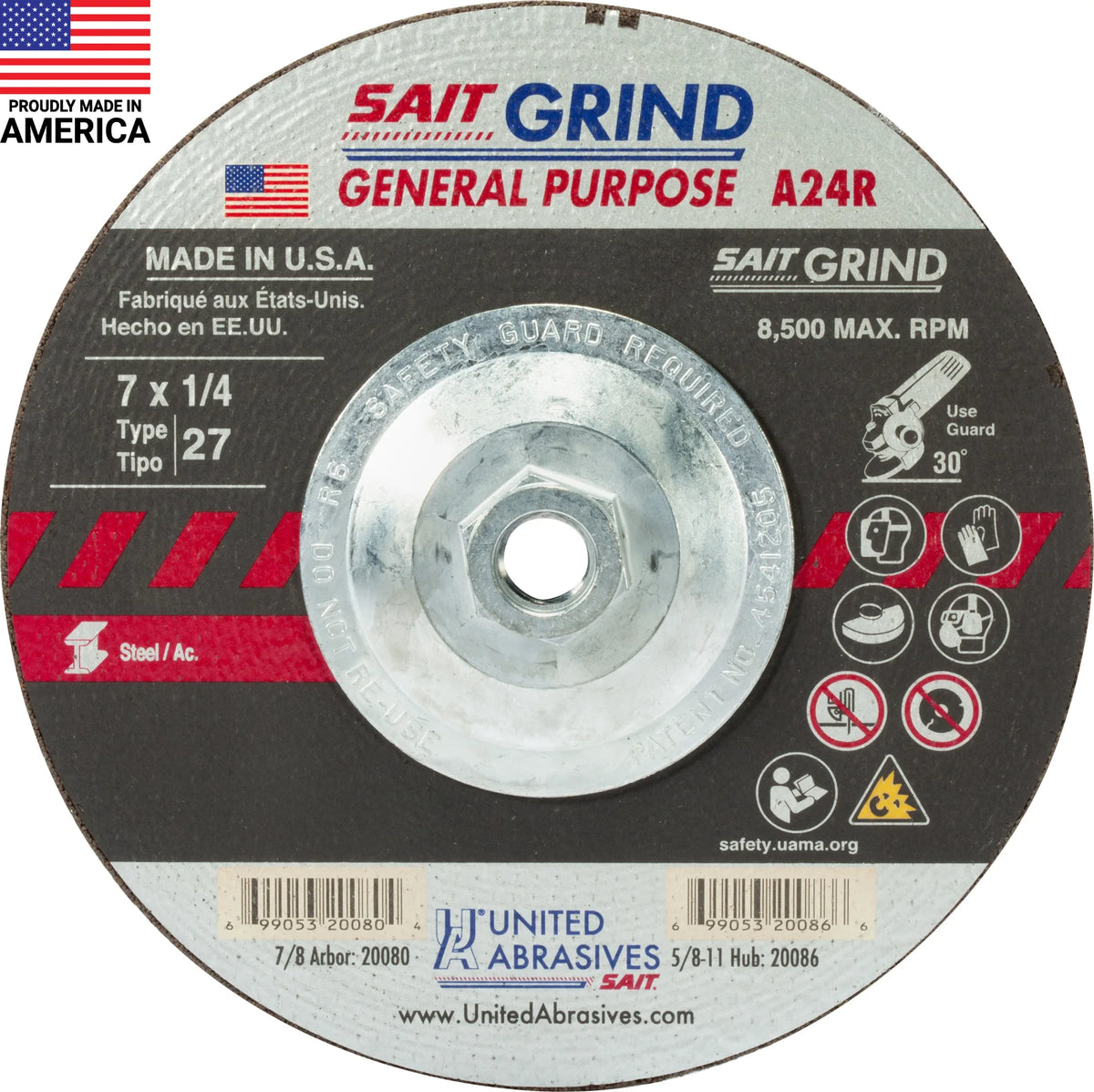United Abrasives-SAIT 20086  A24R General Purpose/Long Life Grinding Wheel (Type 27/Depressed Center)  7" x  1/4" x 5/8-11",10-Pack