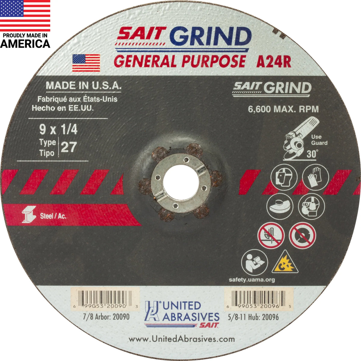 United Abrasives-SAIT 20090 A24R General Purpose/Long Life Grinding Wheel (Type 27/Depressed Center)  9" x  1/4" x 7/8", 25-Pack