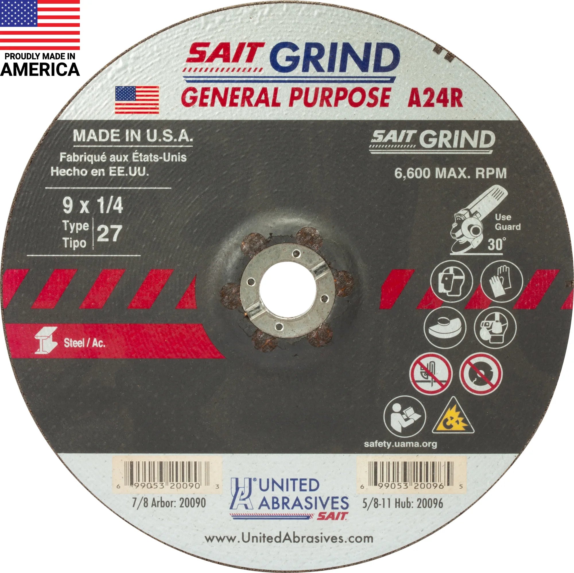 United Abrasives-SAIT 20090 A24R General Purpose/Long Life Grinding Wheel (Type 27/Depressed Center)  9" x  1/4" x 7/8", 25-Pack