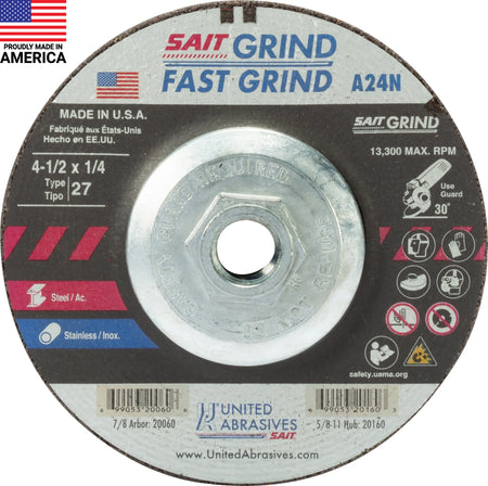 United Abrasives-SAIT 20160 A24N Fast Grinding Wheel  4 1/2" x 1/4" x 5/8-11"  (Type 27/Depressed Center) with Super-Lock™ Hub, 10 Pack