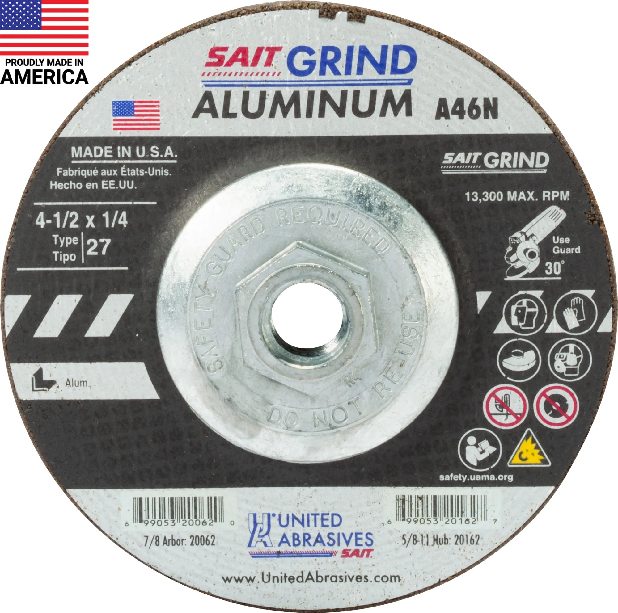 United Abrasives-SAIT 20162 A46N Aluminum Grinding Wheel (Type 27/Depressed Center) 4 1/2" x  1/4" x 5/8-11", 10-Pack