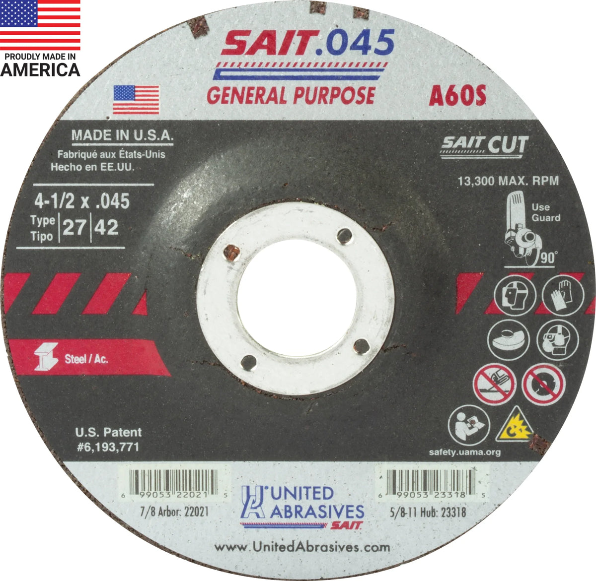 United Abrasives-SAIT 22021 A60S General Purpose  Cut-Off Wheels (Type 27/Type 42 Depressed Center)  4 1/2" x .045" x 7/8", 50-Pack