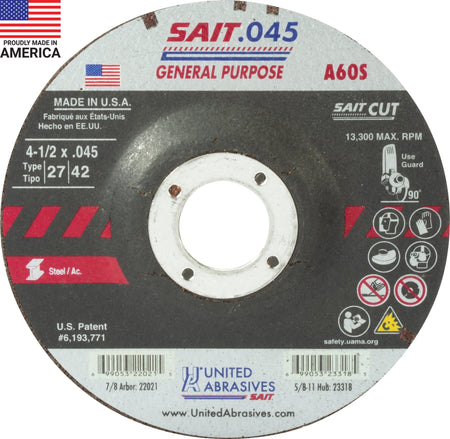 United Abrasives-SAIT 22021 A60S General Purpose  Cut-Off Wheels (Type 27/Type 42 Depressed Center)  4 1/2" x .045" x 7/8", 50-Pack