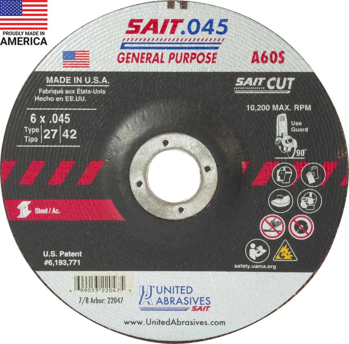 United Abrasives-SAIT 22047 A60S General Purpose Cut-Off Wheel (Type 27/Type 42 Depressed Center)  6" x .045" x 7/8", 50-Pack