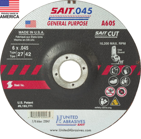 United Abrasives-SAIT 22047 A60S General Purpose Cut-Off Wheel (Type 27/Type 42 Depressed Center)  6" x .045" x 7/8", 50-Pack