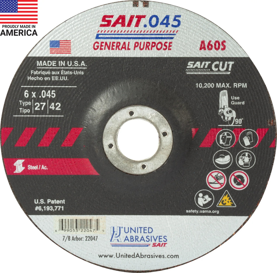 United Abrasives-SAIT 22047 A60S General Purpose Cut-Off Wheel (Type 27/Type 42 Depressed Center)  6" x .045" x 7/8", 50-Pack