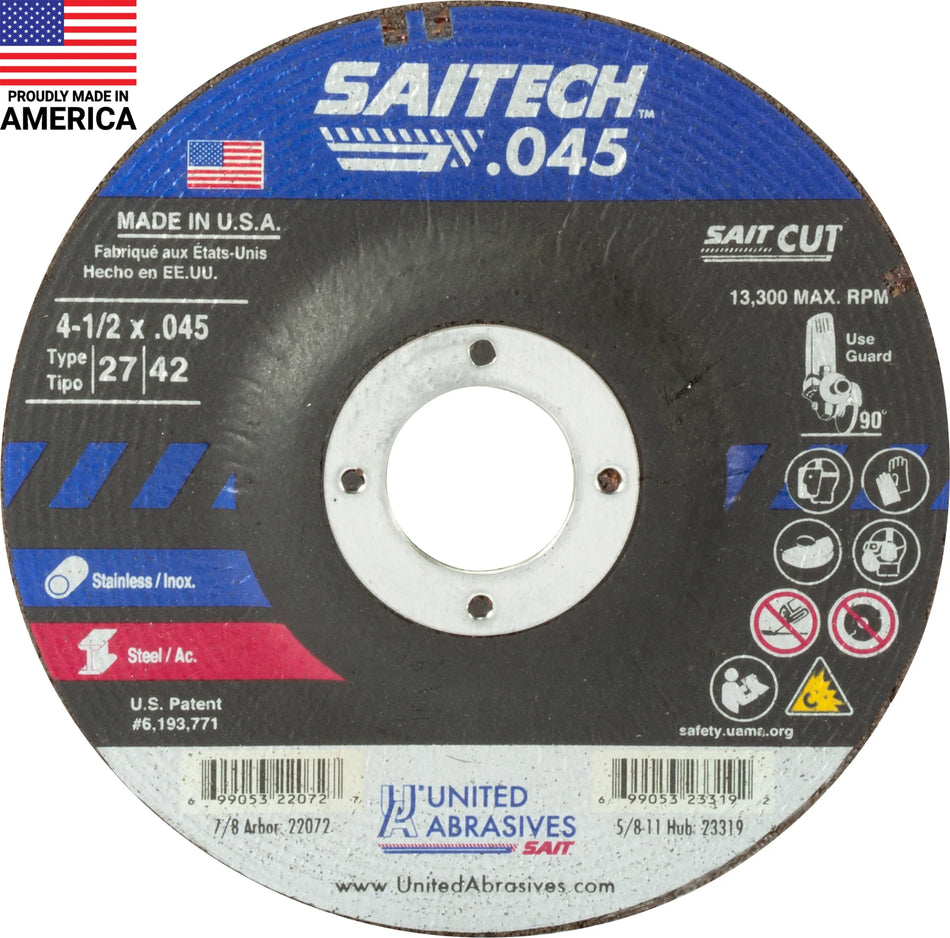 United Abrasives-SAIT 22072 Saitech™ High Performance Cut-Off Wheels (Type 27/Type 42 Depressed Center) 4-1/2" x .045" x 7/8", 50-Pack