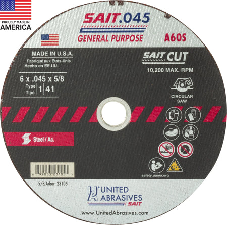 United Abrasives-SAIT 23105 A60S General Purpose Cut-Off Wheels (Type 1/Type 41 Flat) 6" x .045" x 5/8", 50-Pack