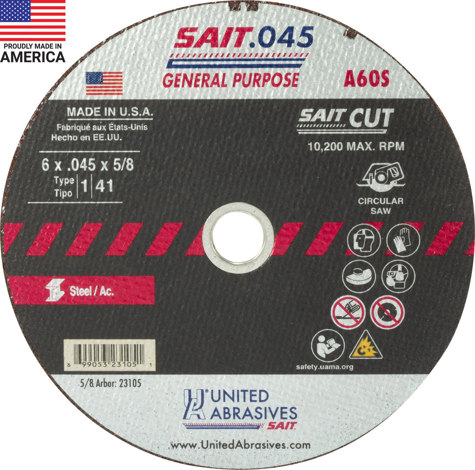 United Abrasives-SAIT 23105 A60S General Purpose Cut-Off Wheels (Type 1/Type 41 Flat) 6" x .045" x 5/8", 50-Pack