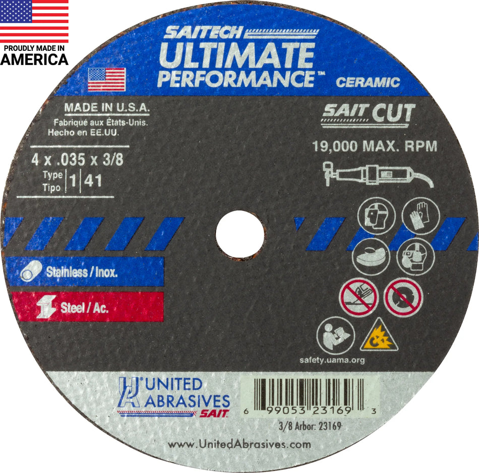 United Abrasives-SAIT 23169 Saitech Ultimate Performance™ Thin High Speed Cut-Off Wheels 4" x .035" x 3/8", 1-Pack