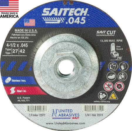 United Abrasives-SAIT 23319 Saitech™ High Performance Cut-Off Wheels (Type 27/Type 42 Depressed Center) 4-1/2" x .045" x 5/8"-11, 10-Pack