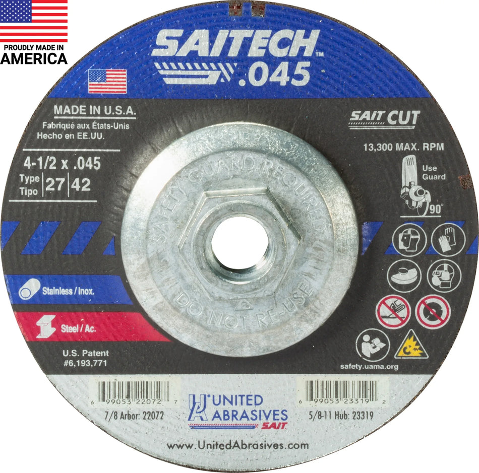 United Abrasives-SAIT 23319 Saitech™ High Performance Cut-Off Wheels (Type 27/Type 42 Depressed Center) 4-1/2" x .045" x 5/8"-11, 10-Pack