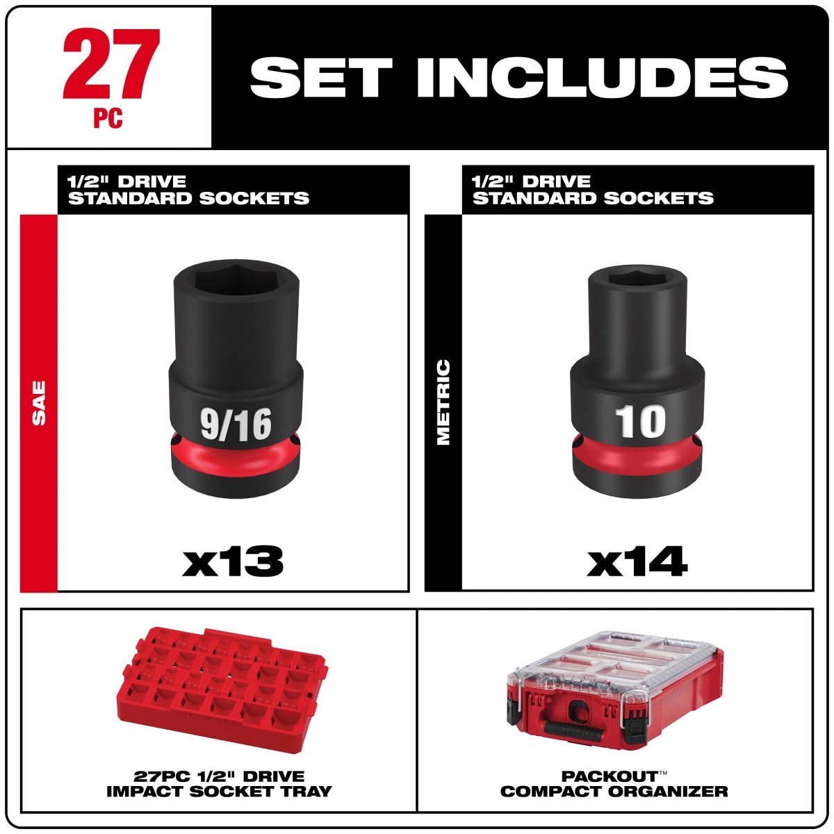 27PC SHOCKWAVE™ Impact Duty Socket 1/2” Drive MM & SAE Set with PACKOUT™ - AAA Industrial Supply
