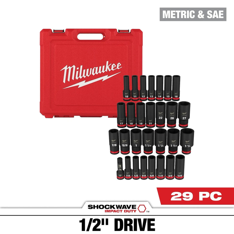 29PC SHOCKWAVE™ Impact Duty 1/2" Drive SAE & Metric Deep 6 Point Socket Set - AAA Industrial Supply