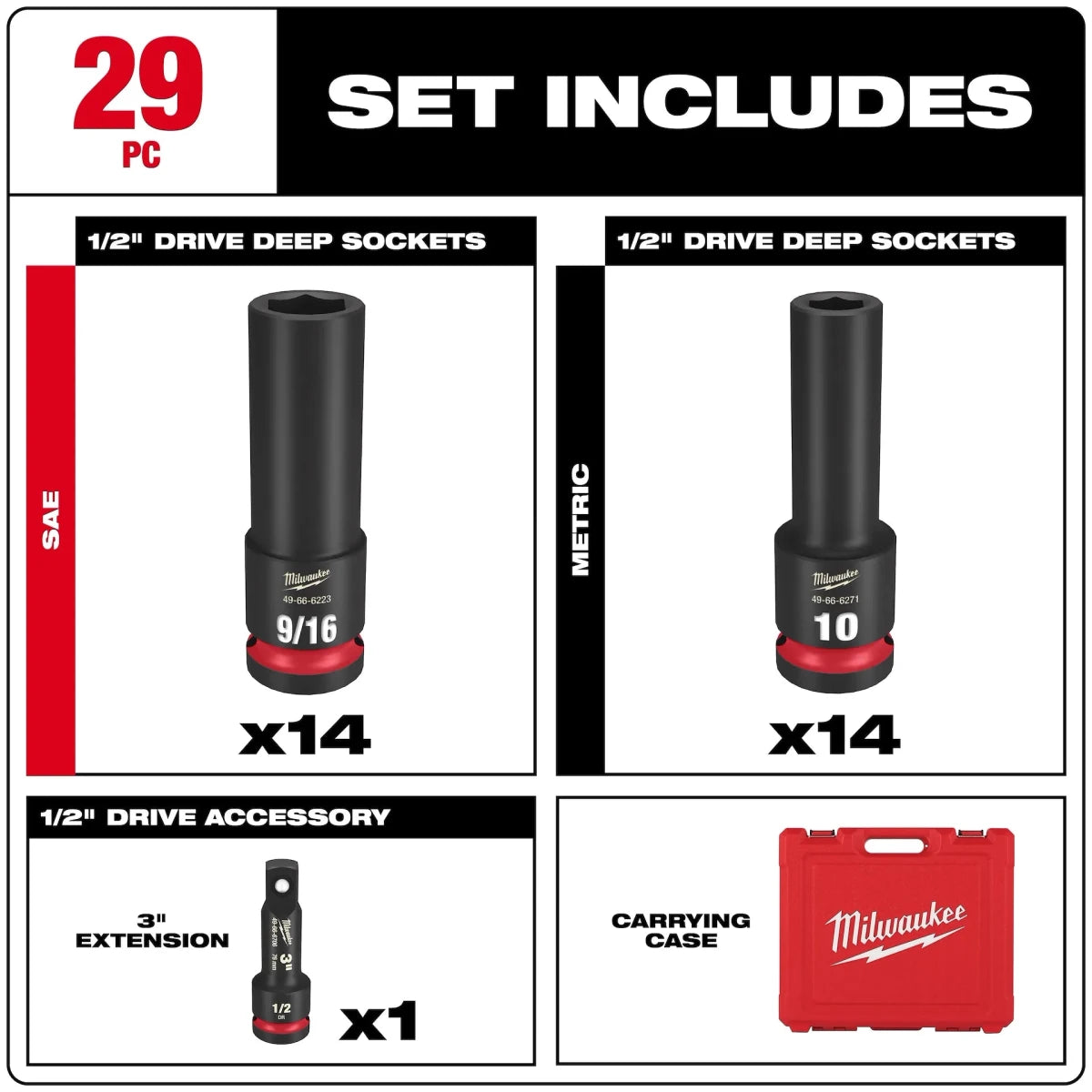 29PC SHOCKWAVE™ Impact Duty 1/2" Drive SAE & Metric Deep 6 Point Socket Set - AAA Industrial Supply
