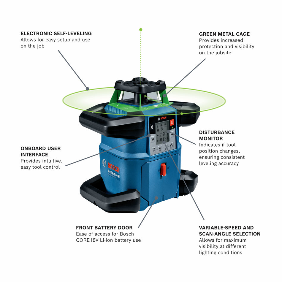Bosch 18V REVOLVE4000 Connected Green-Beam Self-Leveling Horizontal/Vertical Rotary Laser Kit with (1) CORE18V® 4 Ah Advanced Power Battery