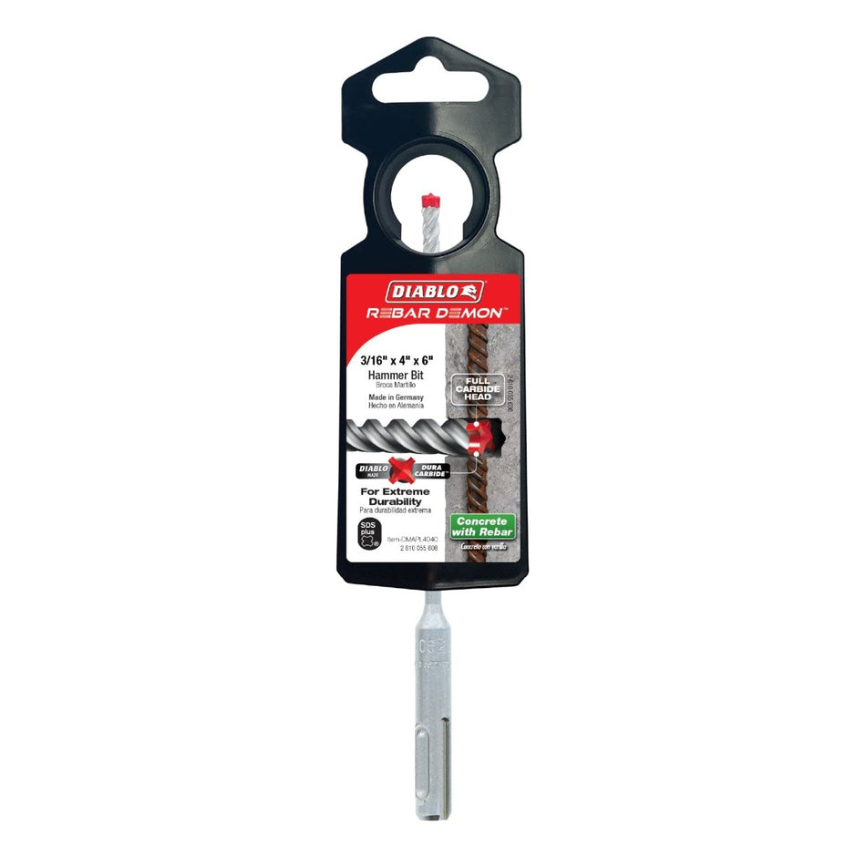 3/16" x 4" x 6" Rebar Demon™ SDS - Plus 4 - Cutter Full Carbide Head Hammer Drill Bit - AAA Industrial Supply