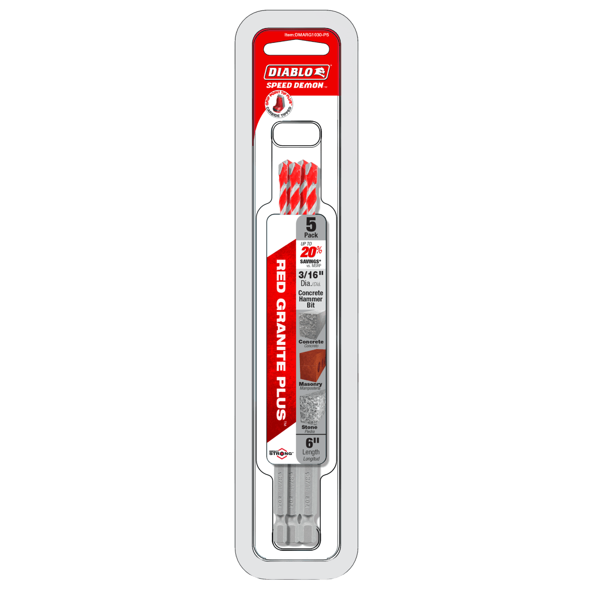 3/16" x 4" x 6" SPEEDemon™ Red Granite PLUS™ Carbide - Tipped Hammer Drill Bit (5 - pk) - AAA Industrial Supply