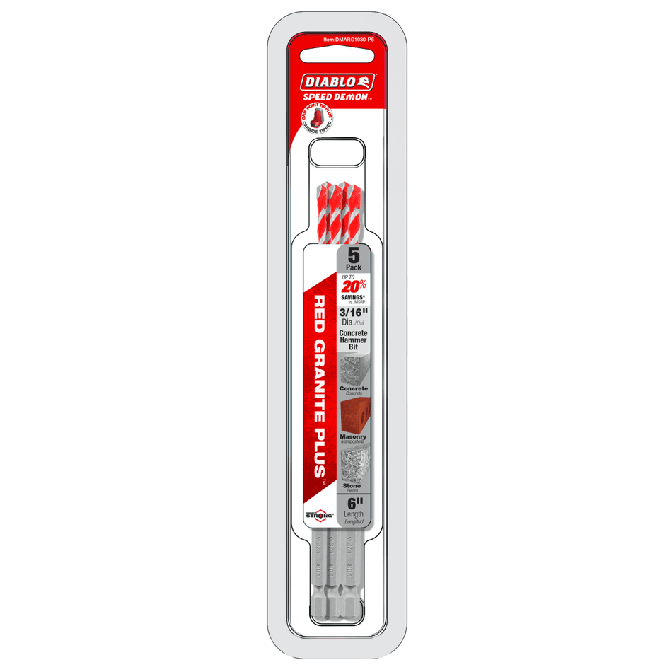 3/16" x 4" x 6" SPEEDemon™ Red Granite PLUS™ Carbide - Tipped Hammer Drill Bit (5 - pk) - AAA Industrial Supply