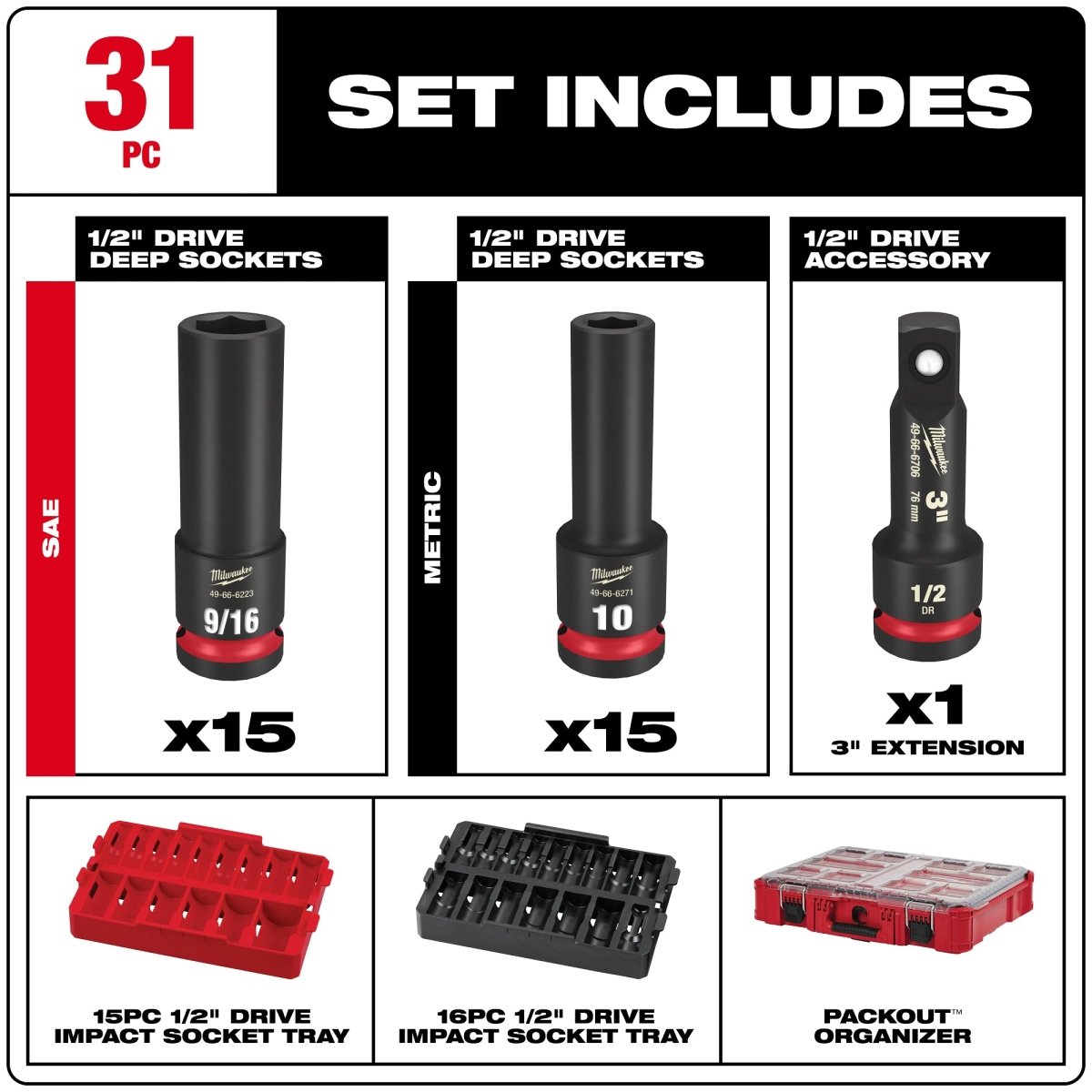 31PC SHOCKWAVE™ Impact Duty Socket 1/2” Drive Set with PACKOUT™ - AAA Industrial Supply