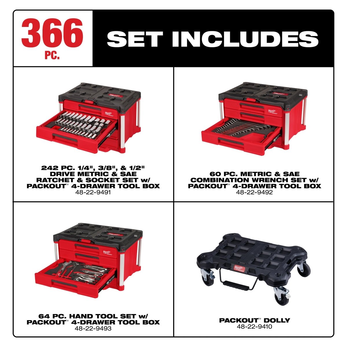 366pc. Master Mechanics Hand Tool Set with PACKOUT™ Drawers and Dolly - AAA Industrial Supply