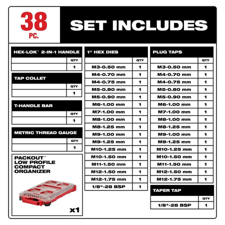 38PC Metric Tap & Die PACKOUT™ Set w/ HEX - LOK™ 2 - in - 1 Handle - AAA Industrial Supply