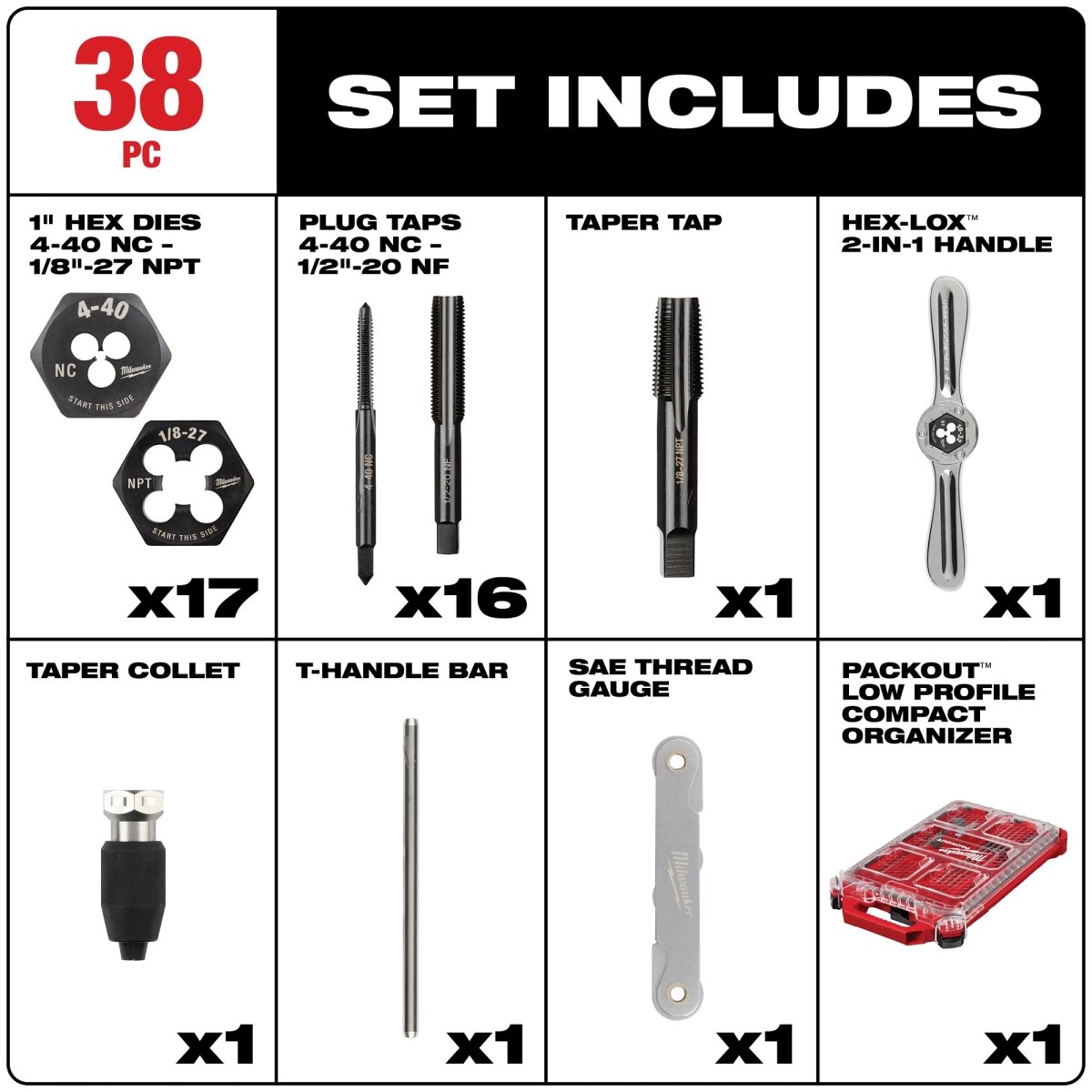 38PC SAE Tap & Die PACKOUT™ Set w/ HEX - LOK™ 2 - in - 1 Handle - AAA Industrial Supply