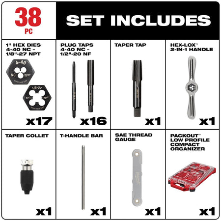 38PC SAE Tap & Die PACKOUT™ Set w/ HEX - LOK™ 2 - in - 1 Handle - AAA Industrial Supply