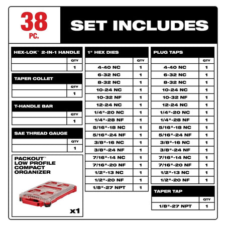 38PC SAE Tap & Die PACKOUT™ Set w/ HEX - LOK™ 2 - in - 1 Handle - AAA Industrial Supply