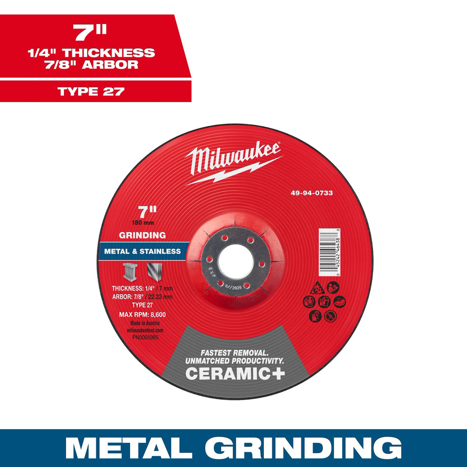 Milwaukee Tool 7" x 1/4" x 7/8" Ceramic+ Metal Grinding Wheel - Type 27 10-PK