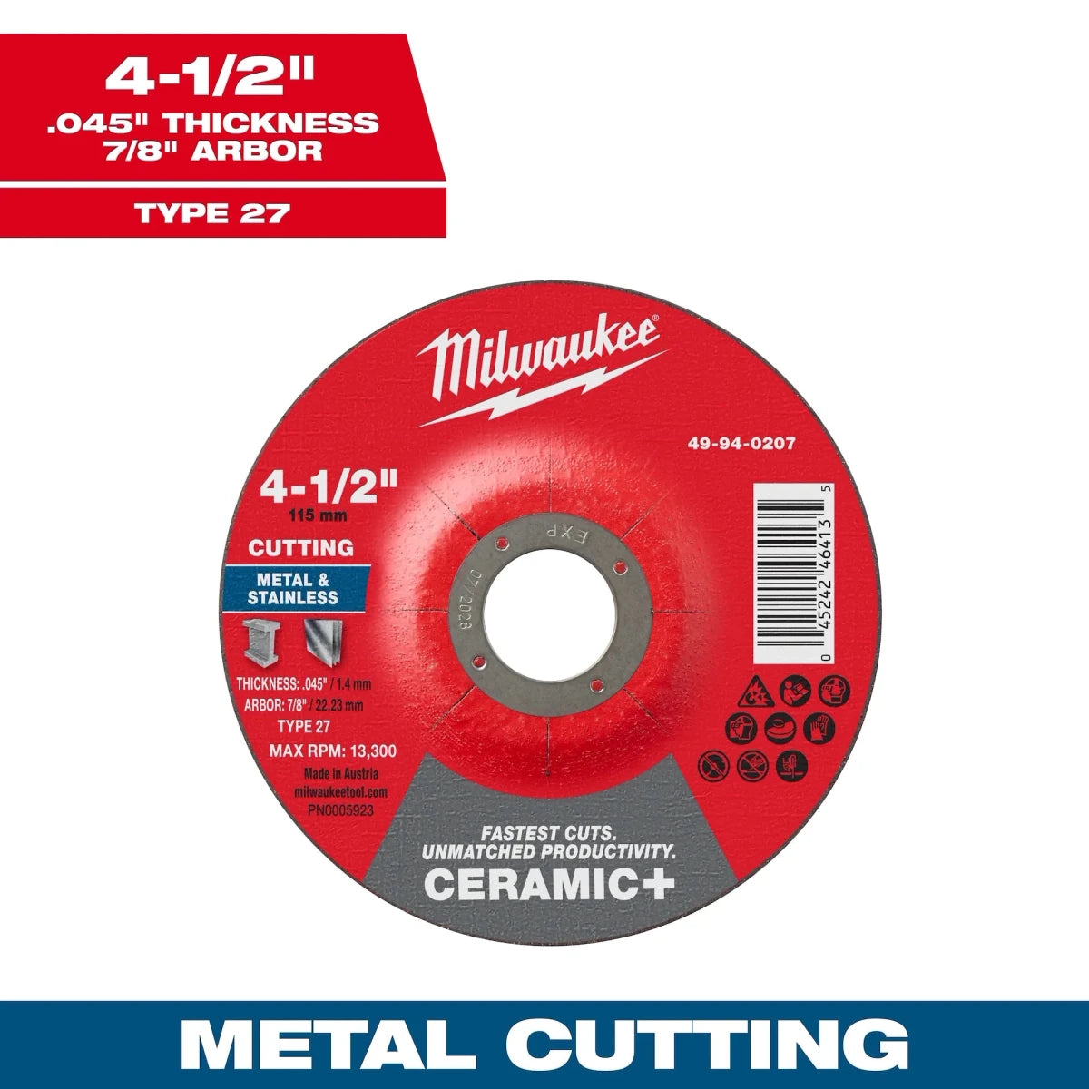 4-1/2" x .045" x 7/8" Ceramic+ Metal Cut Off Wheel -Type 27 - AAA Industrial Supply