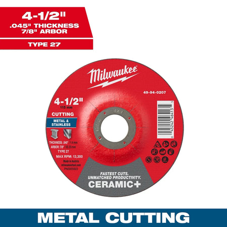 4-1/2" x .045" x 7/8" Ceramic+ Metal Cut Off Wheel -Type 27 - AAA Industrial Supply