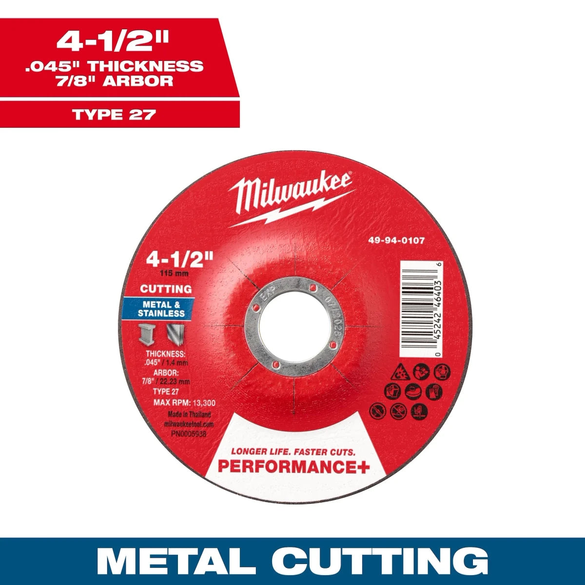 4-1/2" x .045" x 7/8" Performance+ Metal Cut Off Wheel - Type 27 - AAA Industrial Supply