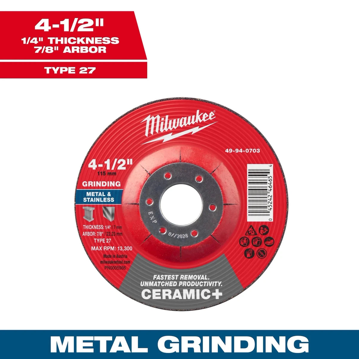4-1/2" x 1/4" x 7/8" Ceramic+ Metal Grinding Wheel - Type 27 - AAA Industrial Supply