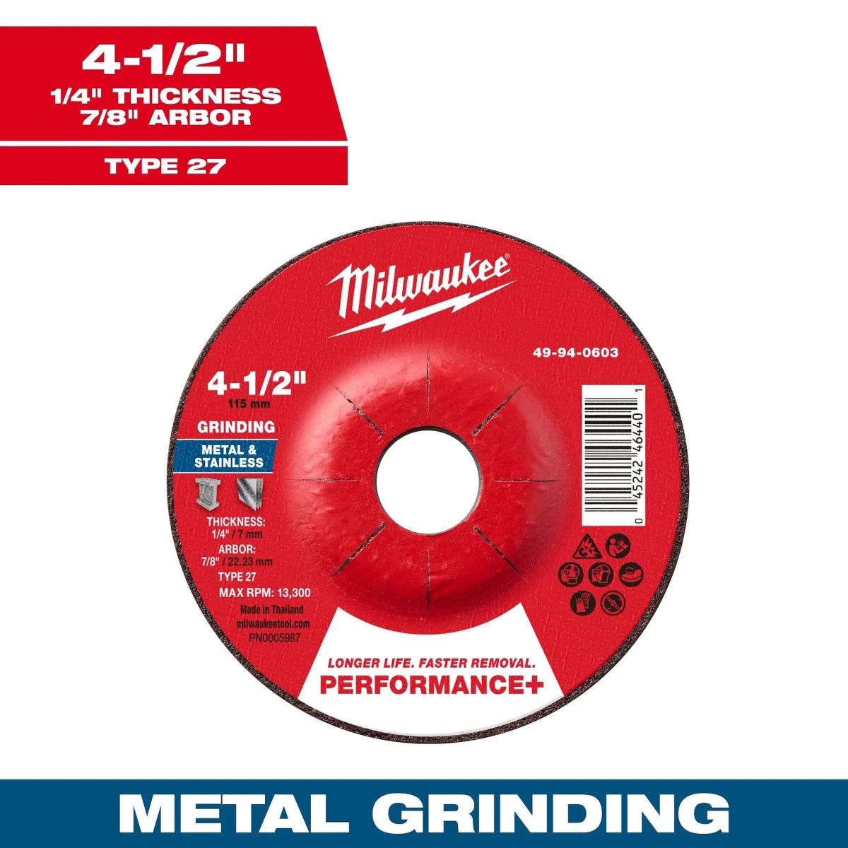 4-1/2" x 1/4" x 7/8" Performance+ Metal Grinding Wheel - Type 27 - AAA Industrial Supply
