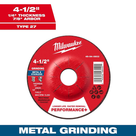 4-1/2" x 1/4" x 7/8" Performance+ Metal Grinding Wheel - Type 27 - AAA Industrial Supply