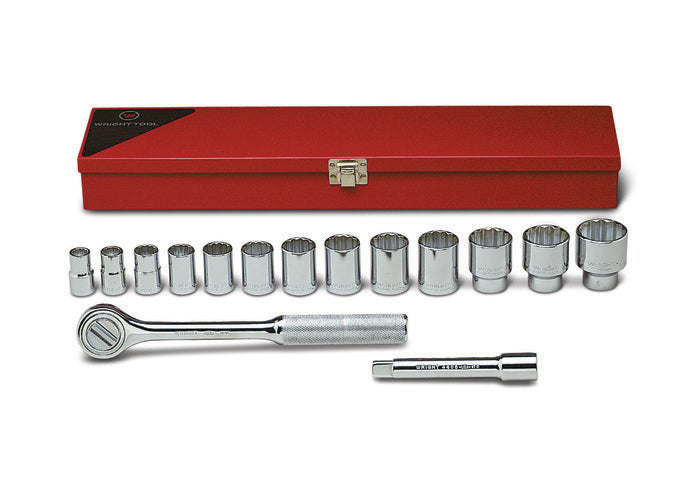 1/2" Drive 15 Piece Metal Boxed Set - 12 Point Standard Sockets, 7/16" - 1-1/4", Ratchet, 5" Extension