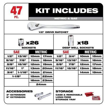 47pc 1/2" Drive Metric & SAE Ratchet and Socket Set with FOUR FLAT™ Sides - AAA Industrial Supply