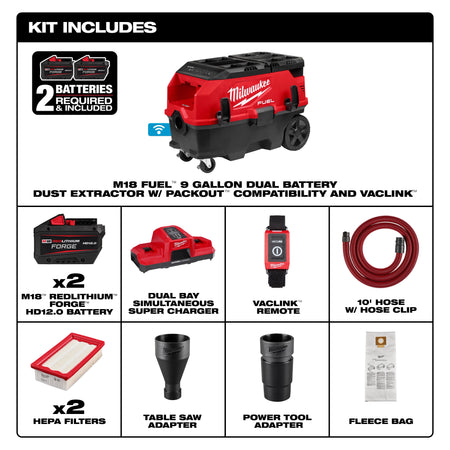 Milwaukee M18 FUEL™ 9 Gallon Dual Battery Dust Extractor w/ PACKOUT™ Compatibility and VACLINK™ Kit